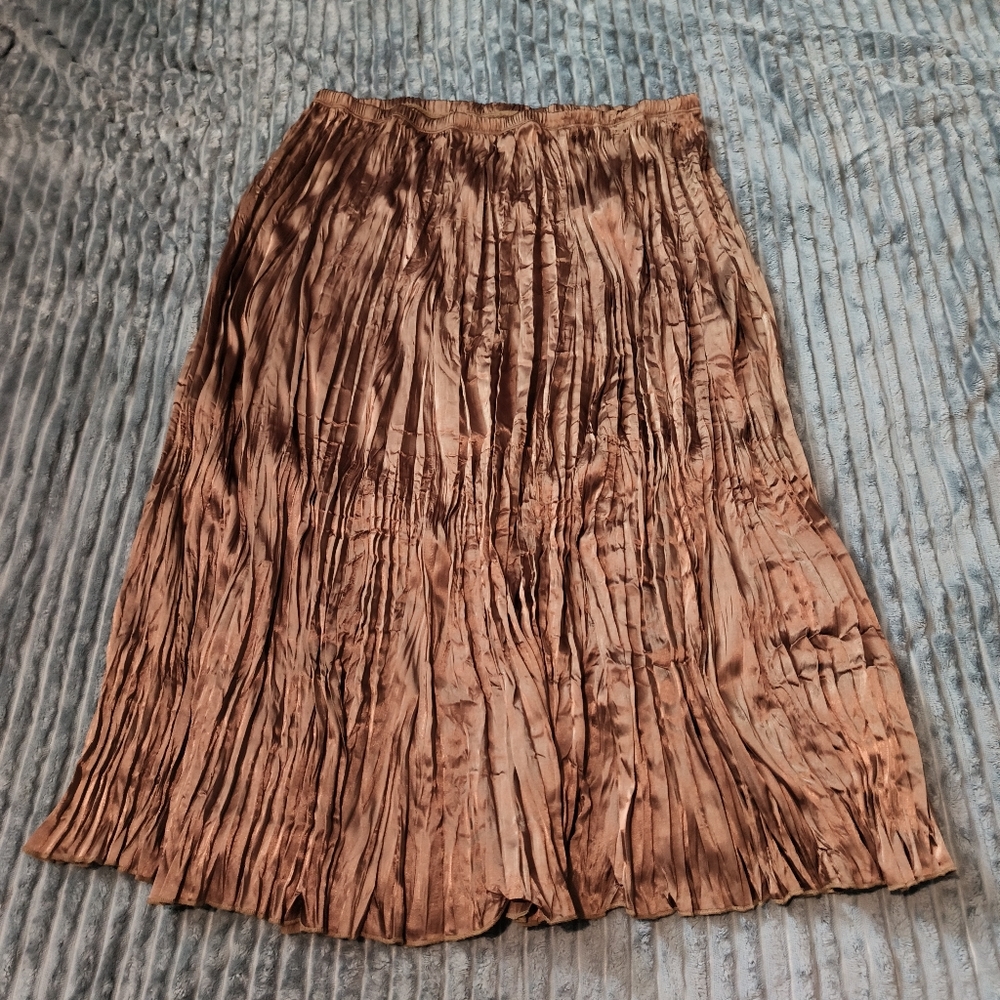 Gold Metallic Pleated Elastic Waist Maxi Skirt Sz Xl Flowy Silky Holiday Stretch